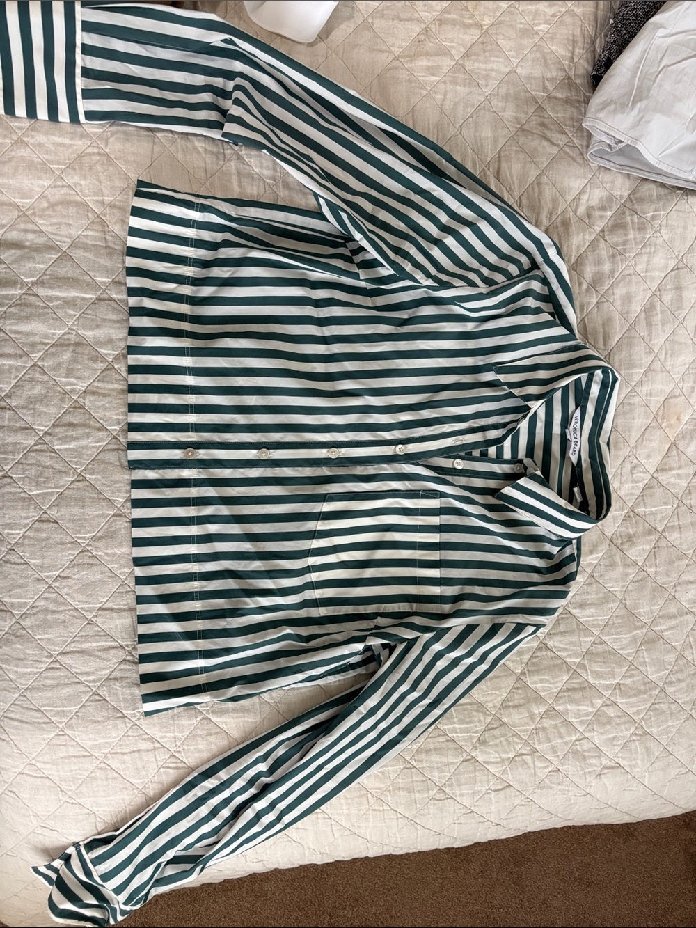 Veronica Beard Green and White Striped Button-Down Shirt